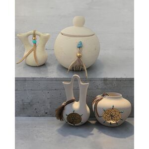 Southwestern Pottery Decor Set Dreamcatcher Feather Vases & Lidded Jar 4 Pieces